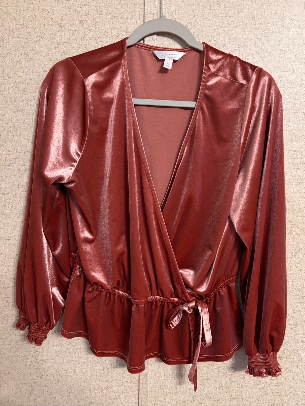LC Lauren Conrad Satin velvet Wrap Blouse in Rosewood